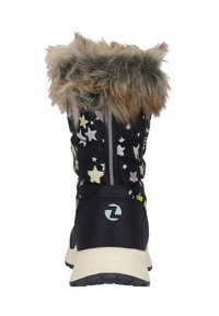 Zwarte winterlaarzen met kleurrijke sterrenpatronen, nepbont afwerking aan de bovenkant, gevoerde zool en een rubberen zool met textuur voor grip.