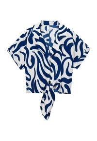 Short-sleeve cropped shirt in white fabric featuring a blue wave pattern, with a collar and a knotted front detail. Buttons down the front.