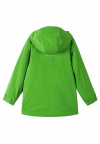 Grön vattentät jacka med huva, långärmad, med elastiska ärmslut och en reflektionsremsa på baksidan för synlighet.