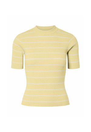 Żółty top o prążkowanej fakturze z krótkimi rękawami i wysokim kołnierzem, z białymi poziomymi paskami na całej długości.