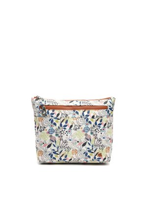 Floral-patterned rectangular pouch with multicolored leaves and flowers, featuring a brown zipper across the top front.