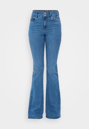 Jean flare bleu en denim, avec une taille haute, une fermeture à double bouton et des accents cousus au niveau des coutures des genoux.