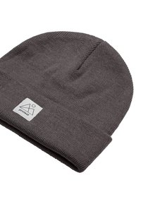 Gray knit beanie with a folded cuff featuring a white label with a logo. Soft texture, simple design, and a fitted shape.