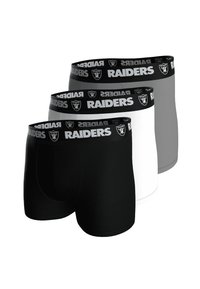 Tres pares de calzoncillos que presentan una cinturilla negra con el texto "RAIDERS", en colores negro, blanco y gris, con un acabado de tela suave.
