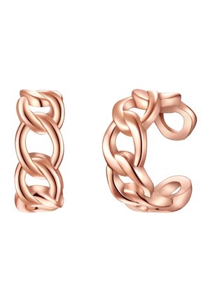 Rose guld kædeled danner to åbne cuff øreringe med glatte, afrundede kanter og et struktureret, sammenflettet design.