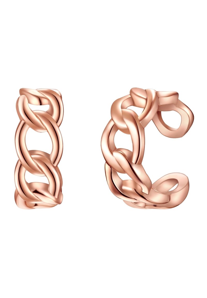 Los eslabones de cadena de oro rosa forman dos pendientes de estilo cuff abiertos, con bordes suaves y redondeados y un diseño texturizado e entrelazado.