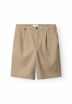 Beige shorts made of lightweight fabric, featuring a flat front, two side pockets, a button closure, and a straight leg design.