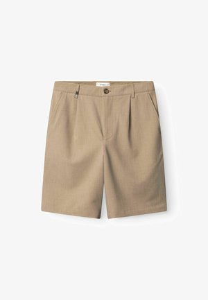 Beige Shorts aus leichtem Stoff, mit glatter Vorderseite, zwei Seitentaschen, Knopfverschluss und geradem Bein.