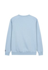 Jasnoniebieski sweter z okrągłym dekoltem, prążkowanymi mankietami i dołem. Materiał ma gładką teksturę i raglanowe rękawy. Minimalistyczny design.