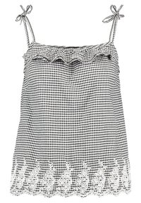 Black and white gingham check camisole with ruffled neckline and lace trim at the hem. Features adjustable spaghetti straps.