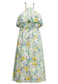 Robe d'été blanche à fleurs jaunes, bleues et vertes, bretelles spaghetti, encolure à volants et taille élastique.