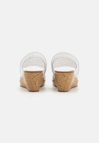 Sandali wedge bianchi con cinturini perforati e tacchi in sughero, mostrati da dietro su uno sfondo bianco.