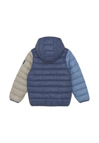 Giacca imbottita con cappuccio, caratterizzata da una combinazione di colori blu e beige. Design a patchwork testurizzato con maniche di tonalità contrastanti e polsini elasticizzati.