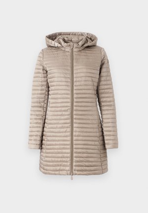 Bees värvitud parka kapuutsiga, millel on vertikaalsed õmblusjooned, esine tõmblukk ja küljetaskud. Sujuv, läikiv tekstuur.