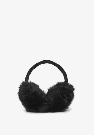Earmuffs in pelliccia sintetica nera con una fascia spessa, caratterizzati da due sezioni rotonde e soffici per il calore. Texture liscia e design senza cuciture.