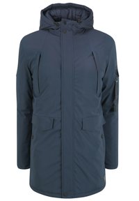 Tamnoplava izolirana jakna s kapuljačom, koja ima dva prednja džepa, zippered džep na ruci i glatku, vodootpornu vanjštinu.