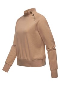 Beige kapucnis pulóver magas nyakkal, bordás mandzsettával és testhezálló szegéllyel. Díszes gombokkal a vállon és puha anyagú textúrával rendelkezik.