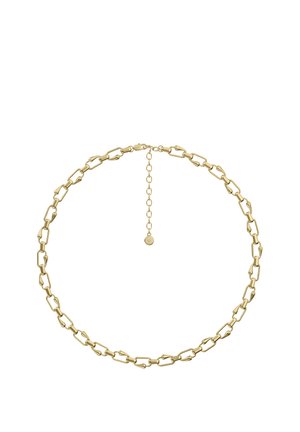Goldene Halskette mit rechteckigen Gliedern und einer verstellbaren Verlängerungskette mit rundem Anhänger auf weißem Hintergrund.