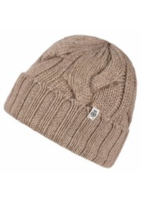 Knit beanie in light brown, featuring a ribbed brim and a cable-knit pattern on the crown. Small logo tag on one side. Soft texture.