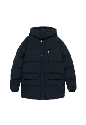 Giacca trapuntata di colore blu Navy con cappuccio, dotata di una tasca sul petto con zip, due tasche frontali a toppa e una texture a trapuntatura. Chiusura con bottoni.