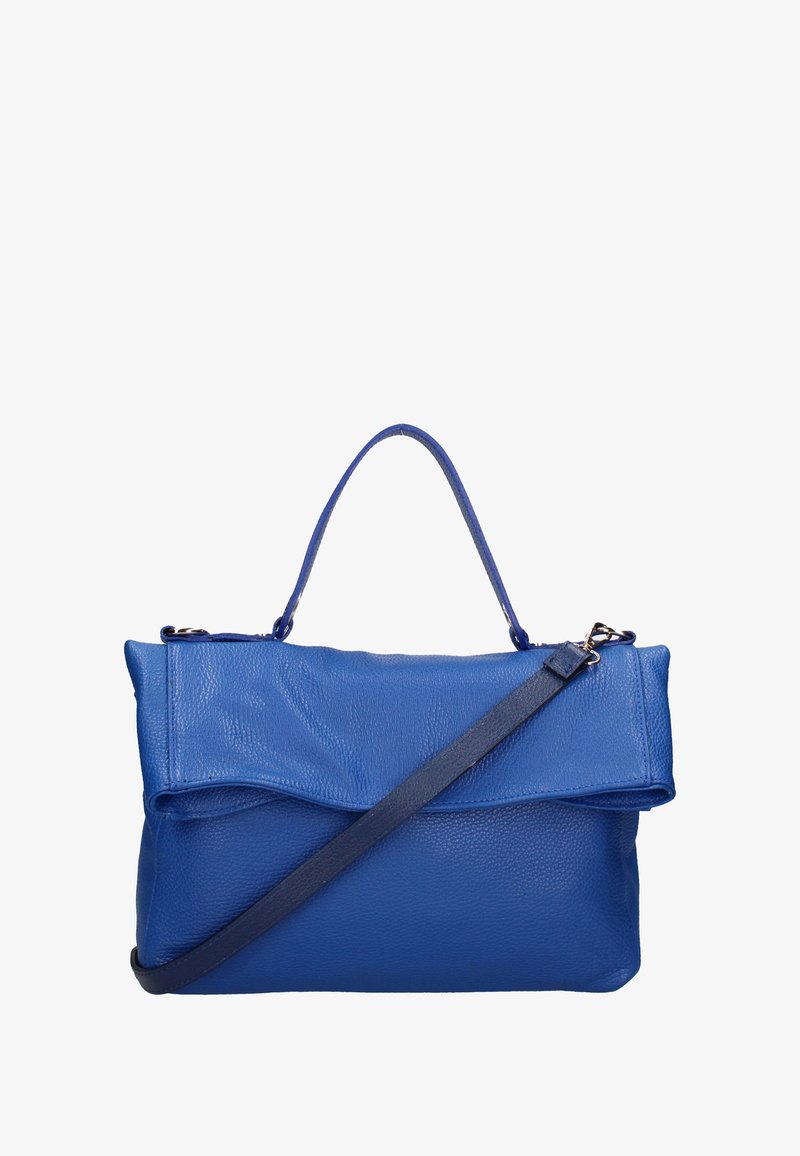 Sac à main en cuir bleu avec une surface texturée, doté d'un rabat supérieur, de deux poignées et d'une bandoulière amovible.