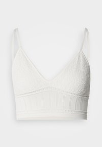 Weißes Spitzen-Bralette mit dreieckiger Form, ausgestattet mit strukturiertem Obermaterial und einem gerippten Elastikband, verstellbaren Trägern und einer glatten Oberfläche.