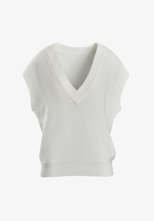 Balta ribota adīta T-kreklu ar īsām piedurknēm, dziļu V-veida kakla izgriezumu un pieguļošu apakšmalu. Iezīmē teksturētu rakstu un brīvu dizainu.