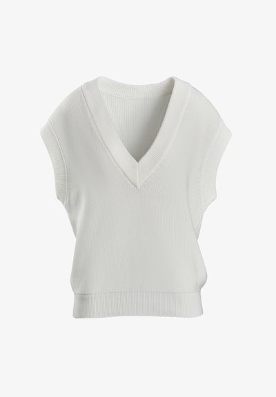 Bela rebrasta pletena majica s kratkimi rokavi in globokim V-izrezom ter prilagojenim robom. Ima teksturno vzorčenje in sproščen dizajn.