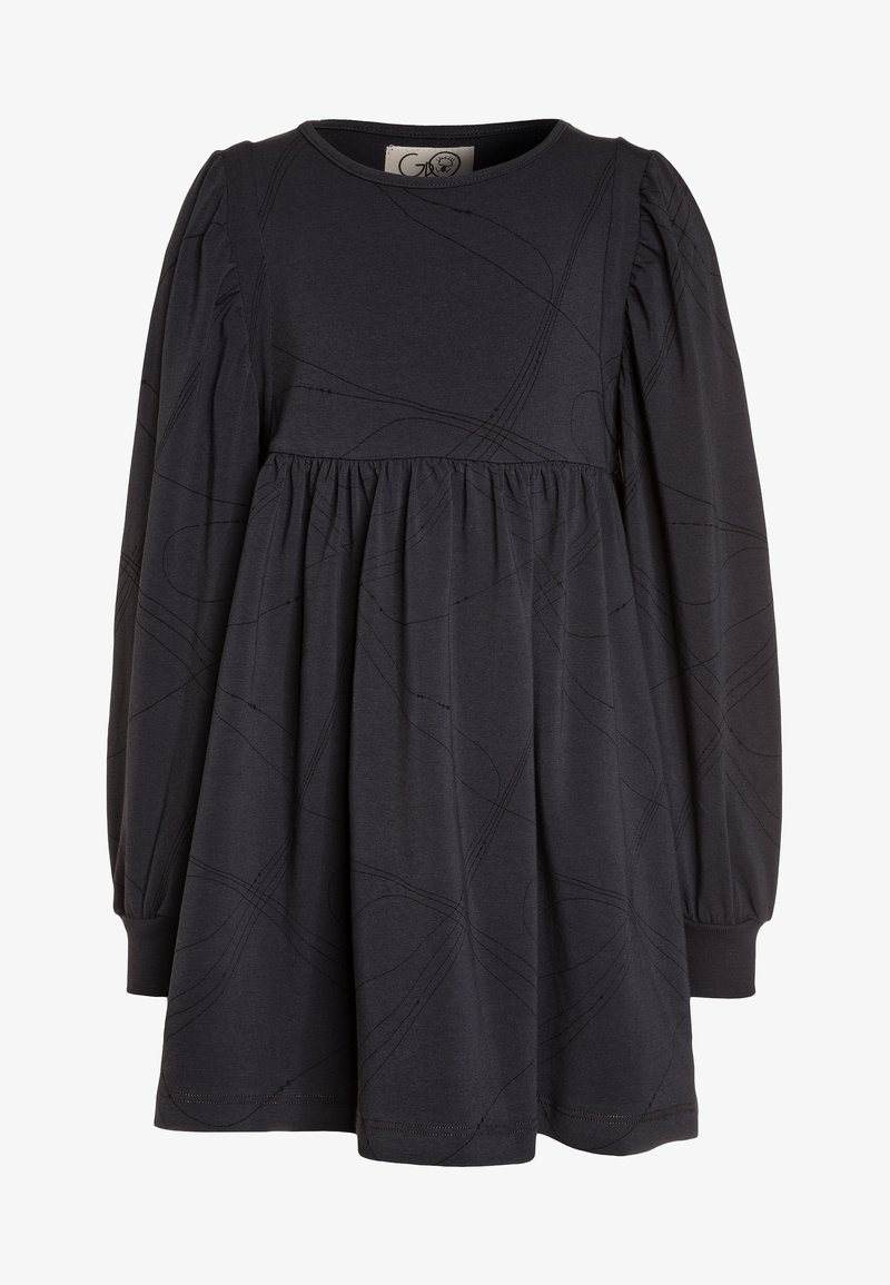 Robe noire à manches longues avec motifs abstraits subtils en lignes, taille froncée, manches bouffantes et poignets resserrés.