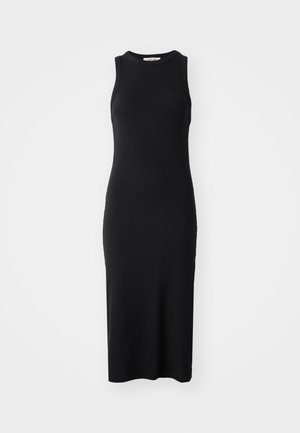 Black ribbed midi dress with a fitted silhouette, sleeveless design, round neckline, and smooth texture. Minimalist style with no visible accents.