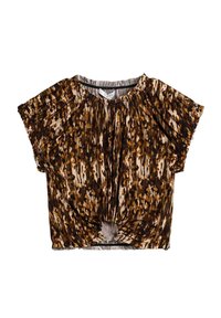 Blusa de manga corta con estampado abstracto de animal en tonos marrón y negro, con escote fruncido y detalle de nudo fruncido en el dobladillo frontal.