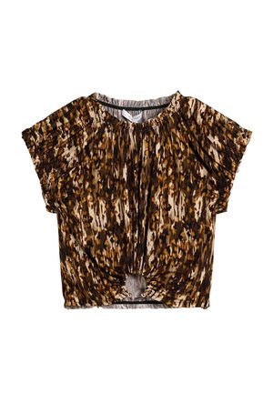 Blouse à manches courtes à imprimé animal abstrait marron et noir, avec encolure froncée et détail de nœud noué sur l'ourlet avant.