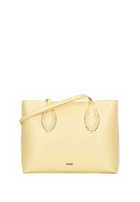 Helle, gelbe Leder-Shopper-Tasche mit gesteppten Ösen-Details, einem einzelnen Schulterriemen und flacher rechteckiger Form. Mit Logo-Plakette.
