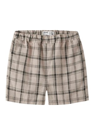 Beige og sort ternede shorts med elastisk talje og sidelommer, designet til småbørn eller små børn.