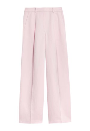 Lichtroze broek met wijde pijpen en een rechte snit, voorzien van steekzakken aan de voorkant en een nette tailleband zonder zichtbare sluitingen of versieringen.