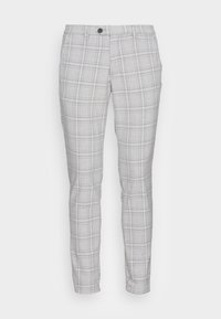 Ljusgrå rutiga byxor med slim fit, med knappstängning och fina kontrasterande linjer i beige. Slät tygstruktur.