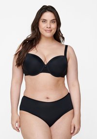 Black padded bra with smooth cups and lace detailing; paired with high-waisted black brief. Features adjustable straps and seamless design.