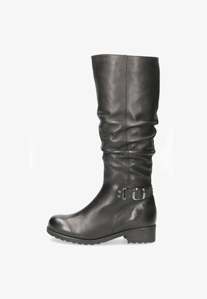 Knee-high black leather boots with a slouchy design. Features a decorative buckle and a low, textured heel for stability.
