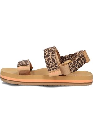 Brązowe sandały z wieloma paskami, z paskami z tkaniny w leopardzie wzór, z wyściełaną jasnobrązową wkładką oraz kontrastową pomarańczową linią na podeszwie.