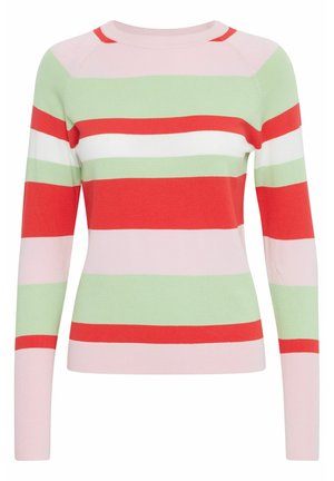 Maglione lavorato a maglia con maniche lunghe, scollo rotondo e righe orizzontali in rosso, rosa, bianco e verde. Texture liscia, design aderente.