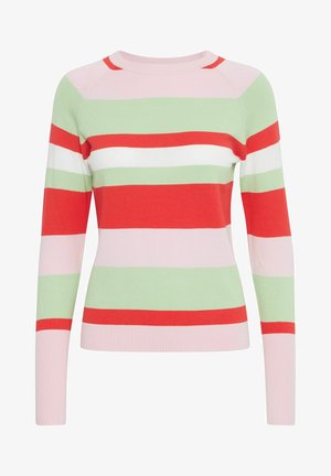 Kootud sviiter pikkade varrukatega, ümar kaelus ja horisontaalsed triibud punases, roosas, valges ja rohelises värvitoonis. Sile tekstuur, keha lähedane disain.