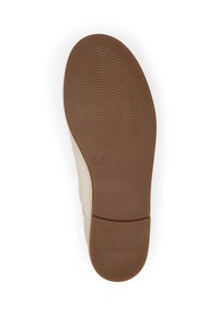 Beiger Gummisohle mit einer strukturierten braunen Außensohle. Größe 37 auf der Unterseite markiert. Glatte Kanten und leichte Wölbung im Zehenbereich.