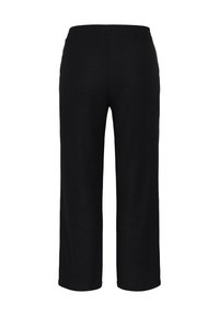 Pantalon noir à jambes larges avec taille élastique, vue frontale latérale, tissu texturé, longueur courte.