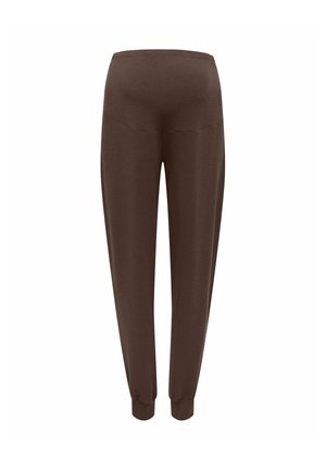 Bruine taps toelopende joggingbroek met elastische tailleband en omgeslagen enkels, van achteren getoond tegen een witte achtergrond.