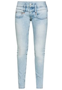 Hellblaue Skinny Jeans aus Denim mit einem verblassten Finish, Fünf-Taschen-Design, vorderem Knopfverschluss und Akzenten in Kupferfarbe.