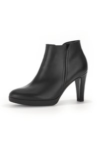 Bottine en cuir noir avec une finition lisse, bout arrondi et un talon aiguille de 10 cm. Présente des fentes latérales pour un enfilage facile.