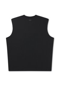 Black sleeveless vest with wide shoulders and a round neckline, shown flat from the back on a white background.