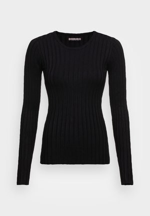 Haut en tricot côtelé noir à manches longues avec un col rond et une silhouette ajustée, présentant une texture verticale et un tissu doux.