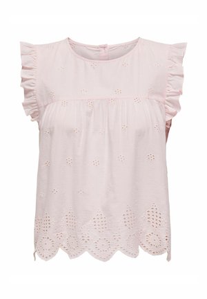 Light pink cotton blouse with short ruffled sleeves, embroidered eyelet details, and a scalloped hem. Back button closure.