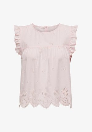 Lys rosa bomullsskjorte med korte volangermer, broderte eyelet-detaljer og en bølget kant. Lukking med knapper bak.